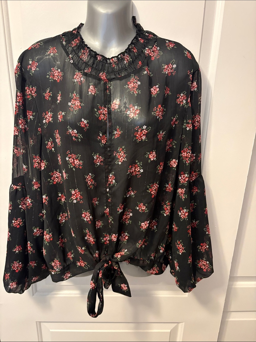 Maurices Black Floral Sheer Tie-Front Blouse